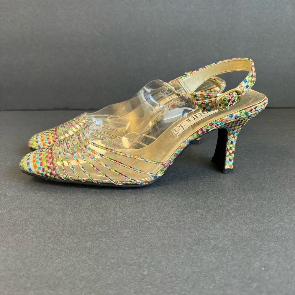 Vintage Gold Rainbow Pumps Clear Metallic Colorful Heels 60s Retro Size 8.5 - Picture 14 of 14
